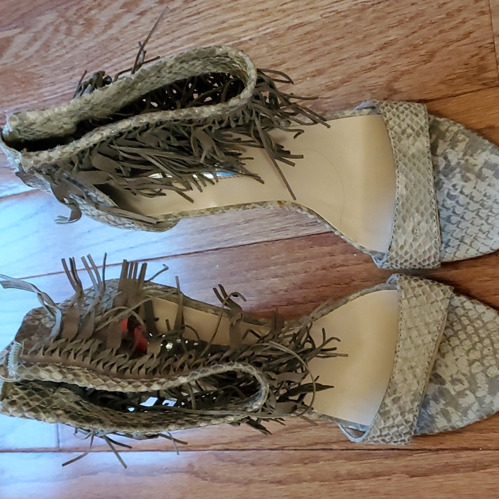 B.Halston Snake print fringe heels